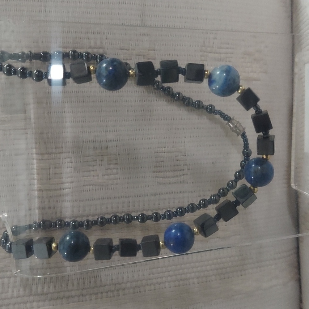Hematite & Blue Lapis Cubes Beaded Shape Strand Necklace